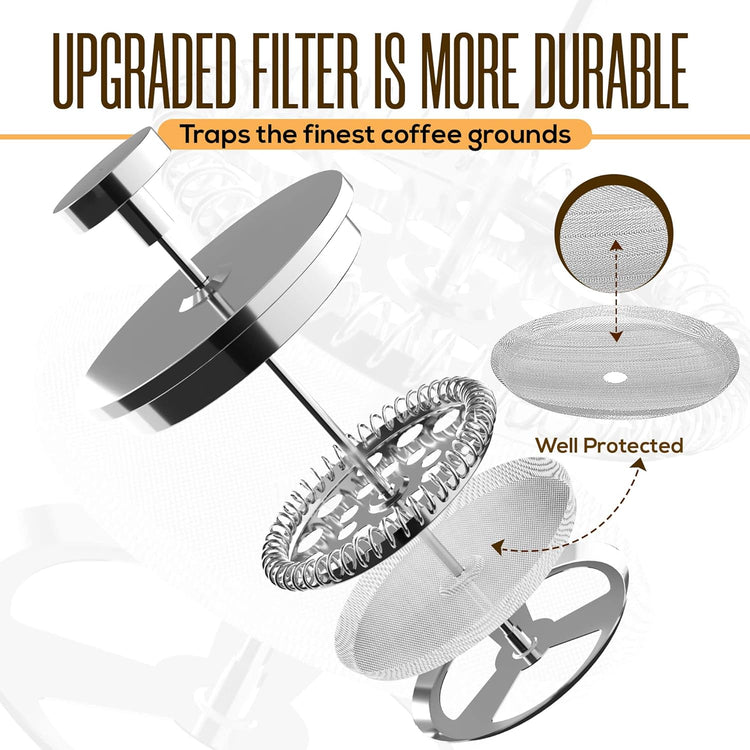 Utopia Kitchen French Press Coffee Maker, Double Wall Insulated Stainless Steel Coffee Press with 4-Level Filtration system, Includes 2 Extra Filters, Rust-Free, Dishwasher Safe (Silver, 17 Ounce)