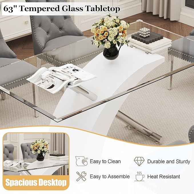 7 Piece Glass Dining Table Set for 6, 63" Modern Kitchen Table with 6 Grey Velvet Chairs, Tempered Glass Tabletop with White X-Shaped MDF Base, Modern Dining Room Set for Kitchen and Dining Room