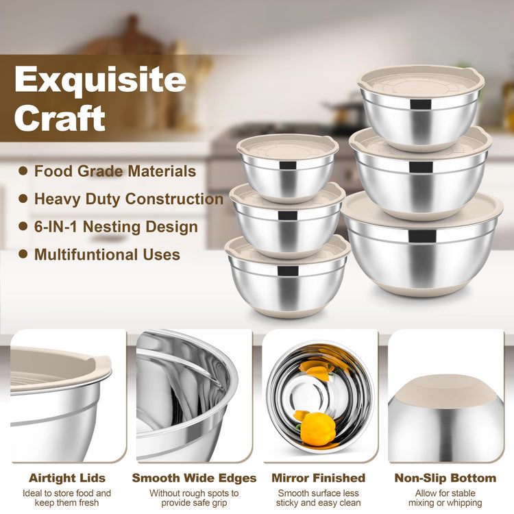 Mixing Bowls Stainless Steel Salad Bowl with Lid & Graters (6 Count)