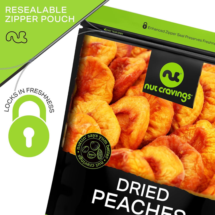 NUT CRAVINGS - Sun Dried California Peaches, No Sugar Added (32oz, 2 LB) Bulk Dry Fruits Packed Fresh in Resealable Bag - Sweet Healthy Snack, Naturally Grown, Vegan, Kosher