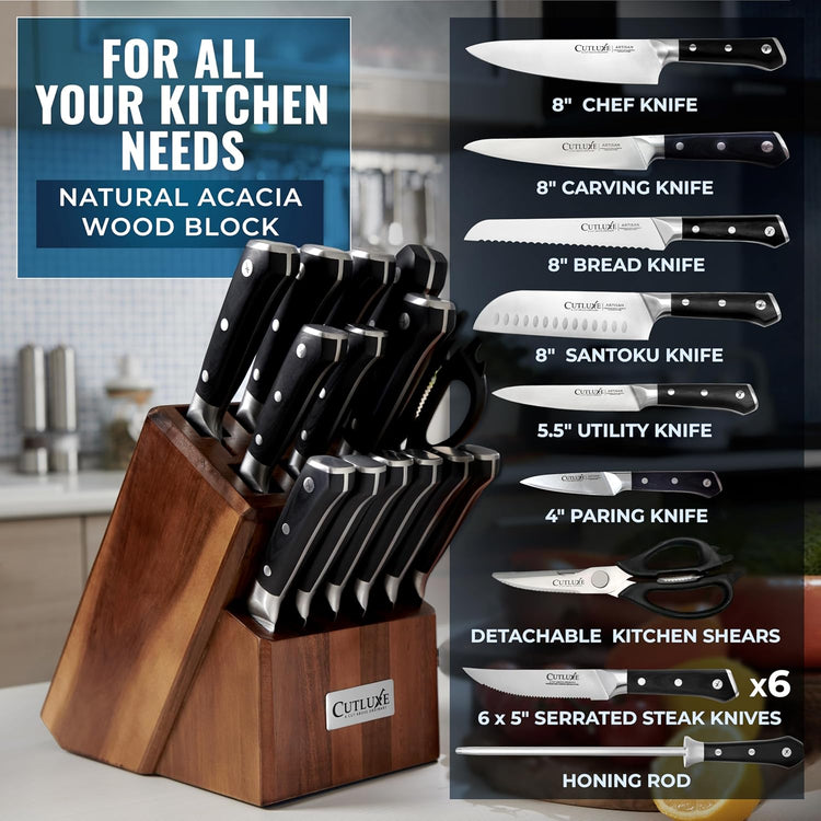 Cutluxe 15-Piece Knife Set – Premium Acacia Wood Block – Knife Set for Kitchen, Ultra Sharp High Carbon German Stainless Steel, Full Tang – Artisan Series