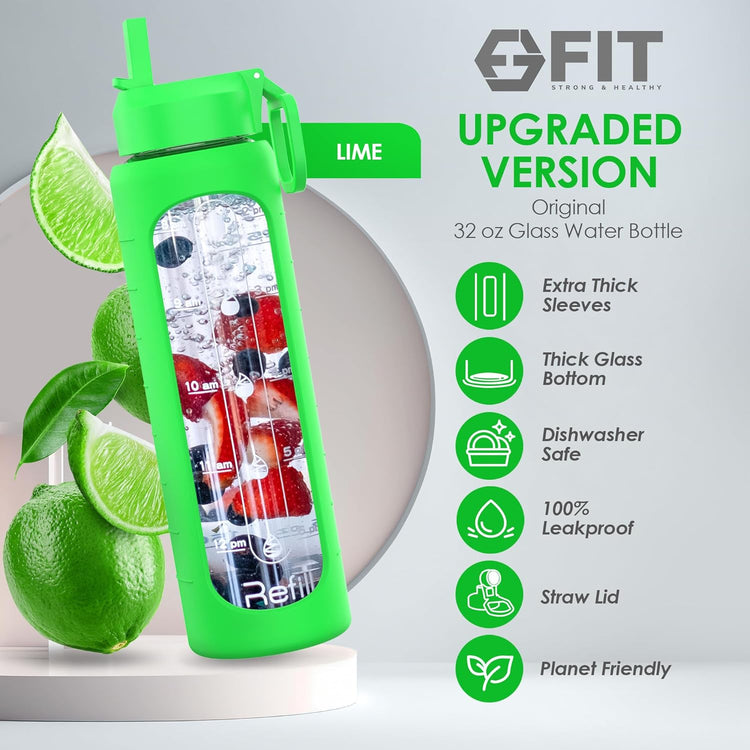 FIT Strong & Healthy 32 oz Glass Water Bottle with Straw Lid, Time Marker, Sleeve & Extra Lid - Motivational, Wide Mouth 1 Liter Glass Drinking Bottle