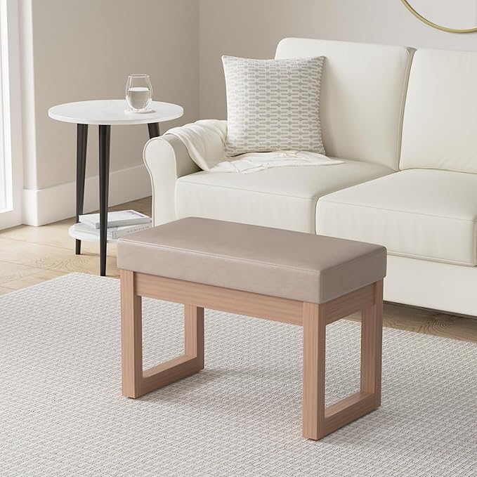 SIMPLIHOME Milltown Small Ottoman Bench - 27 inch Wide Upholstered Vegan Leather Rectangle Footstool Ottoman in Ash Blonde, Contemporary Bench for Bedroom or Living Room with Cushioned Seat, Assembled
