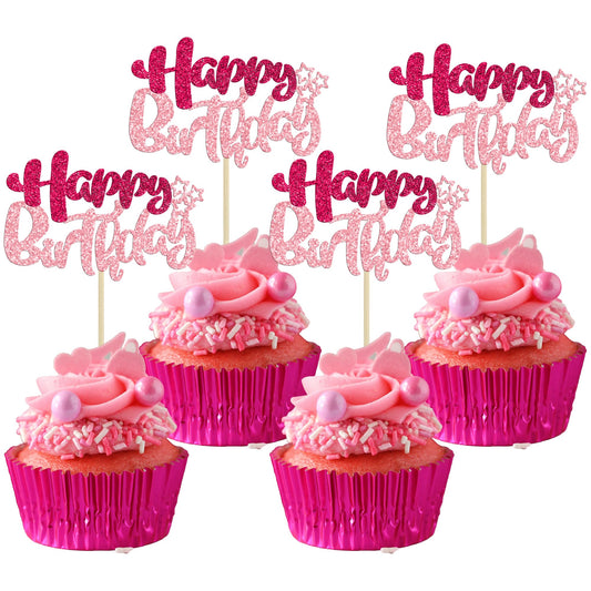 24Pcs Happy Birthday Cupcake Toppers Double Layer Glitter Happy Birthday Cake Decorations for Celebrating Baby Shower Theme Kids Boys Girls Birthday Anniversary Party Supplies Rose Red Pink (24 Count)
