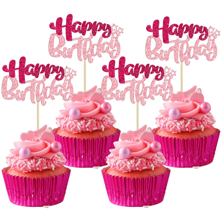 24Pcs Happy Birthday Cupcake Toppers Double Layer Glitter Happy Birthday Cake Decorations for Celebrating Baby Shower Theme Kids Boys Girls Birthday Anniversary Party Supplies Rose Red Pink (24 Count)