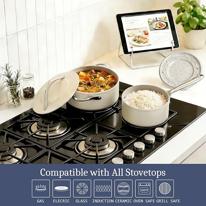 CookinCraze Ceramic Cookware Set, Pots and Pans Set Nonstick with Lid PFAS & PFOA Free, Induction Compatible Oven Safe Up to 500°F Even Heat Distribution, Light Cream