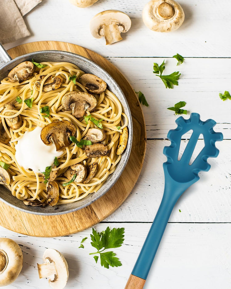 Silicone Pasta Fork, Kitchen Heat Resistant Noodle Spoon Server, BPA Free Spaghetti Strainer,12.8 inch (Khaki & Blue)