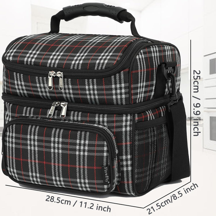 FlowFly Double Layer Cooler Insulated Lunch Bag Adult Lunch Box Large Tote Bag for Men, Women, With Adjustable Strap,Front Pocket and Dual Large Mesh Side Pockets