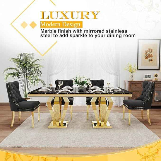 7 Piece Luxury Dining Room Set, Modern Dining Table and Upholstered Chairs Set, Marble Kitchen Table Set for 6, Big Kitchen Dinner Tables Kit with Silver Base