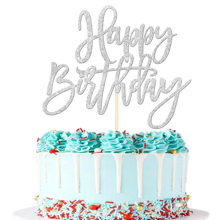 1 PCS Happy Birthday Cake Topper Glitter Happy Birthday Cake Pick for Celebrating Happy Birthday Anniversary Theme Party Cake Decorations Supplies Silver