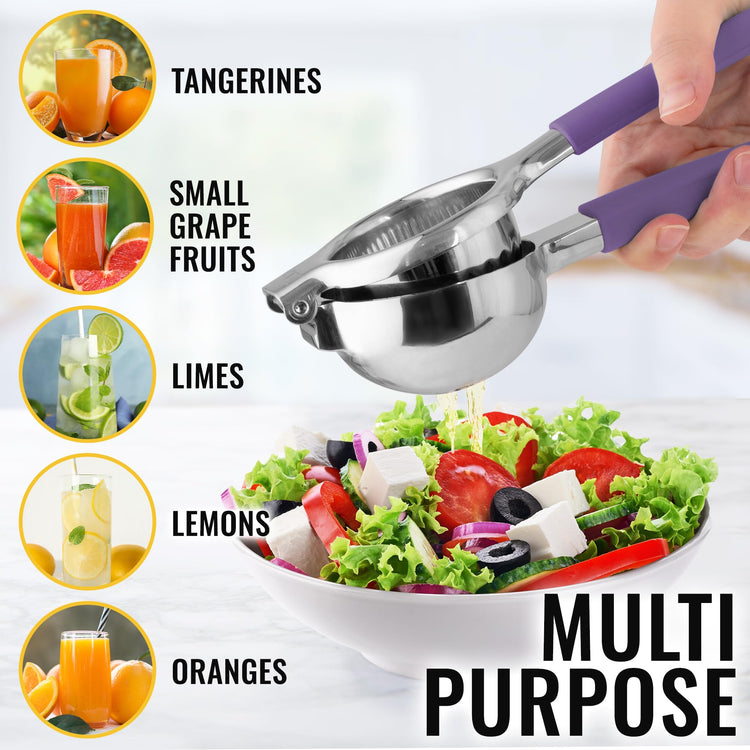 Lemon Squeezer Stainless Steel with Premium Heavy Duty Solid Metal Squeezer Bowl and Food Grade Silicone Handles