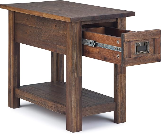 SIMPLIHOME Monroe Narrow Side Table – 14 inch Wide Solid Acacia Wood End Table in Distressed Charcoal Brown, Rustic Accent Table or Side Table for Living Room with Drawer and Shelf