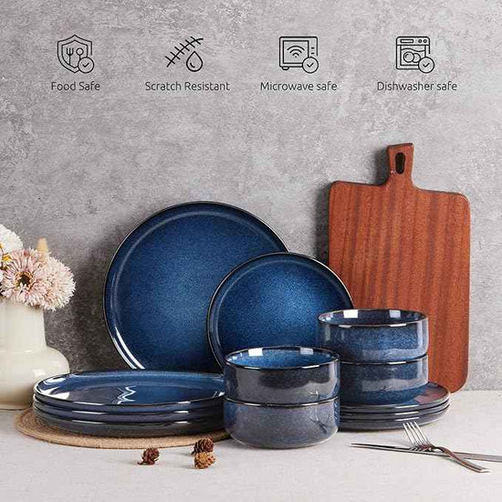 E-far 18-Piece Plates and Bowls Set, Dinnerware Sets for 6, Reactive Glaze Stoneware Dishes Dinning Ware, Microwave & Dishwasher Safe - Deep Sea Blue