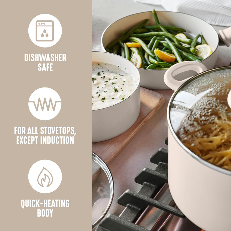 GreenLife 2 Quart Ceramic Nonstick Saucepan with Lid, PFAS-Free, Stay-Cool Handle, Multipurpose Kitchen Cooking Pot, Dishwasher & Oven Safe, Taupe