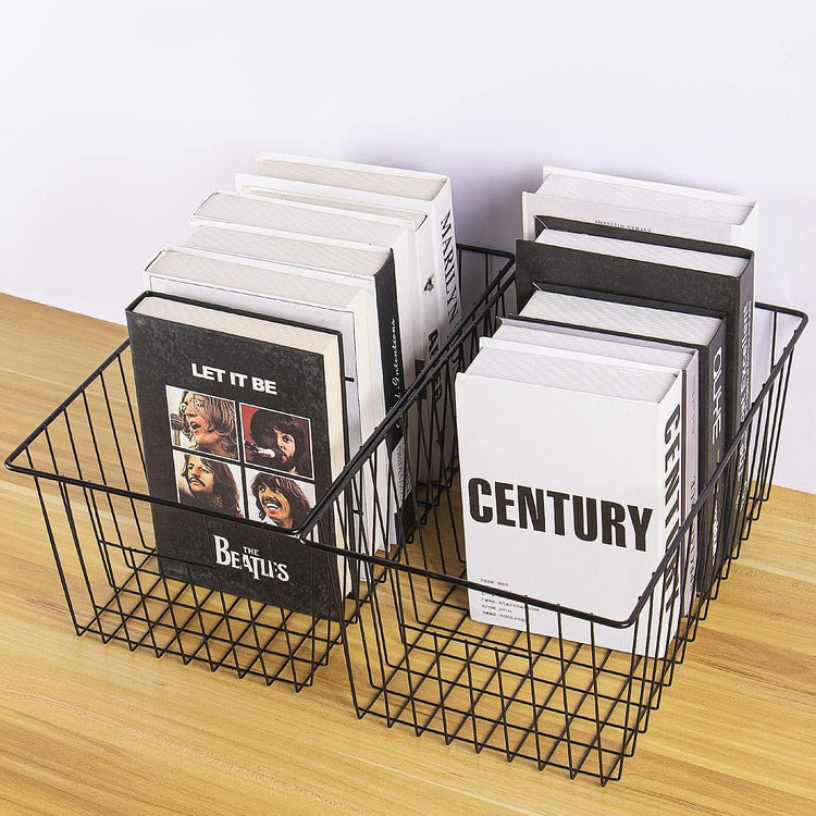 16inch Freezer Wire Storage Organizer Baskets, Household Refrigerator Bins with Built-in Handles, Black, 6PACK