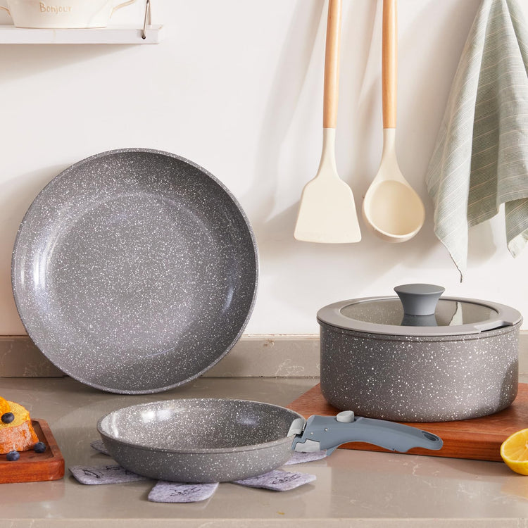 Gray Non Stick Pot and Pan Set with Removable Handle