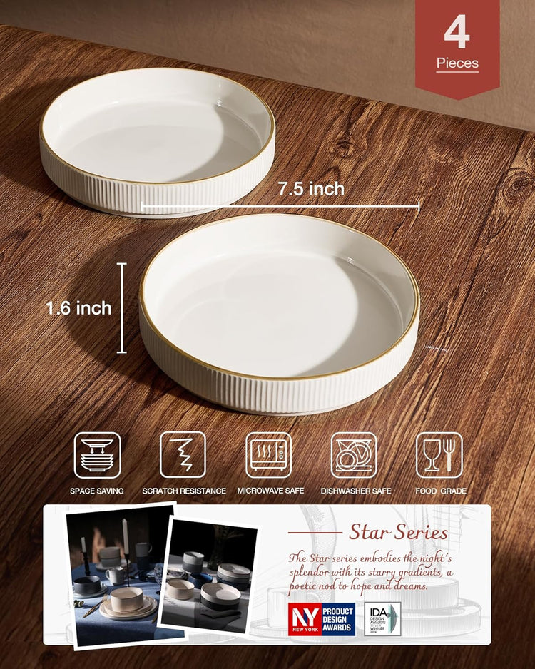 famiware Star 7.5" Pasta Bowls Set, Salad Bowl Set of 4, Double Reactive Glaze, Stackable, Ideal for Your Friend for Housewarming, Festivals, White