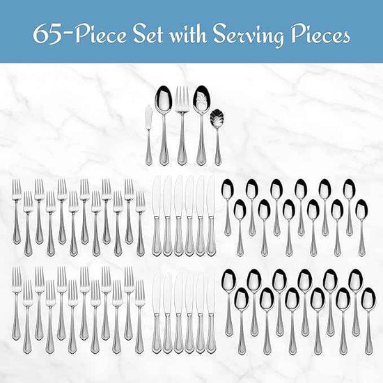 Mikasa Regent Bead 65-Piece Silverware Set, 18/10 Stainless Steel Flatware Service for 12, Includes 5 Serving Tools, Dishwasher Safe Polished Cutlery