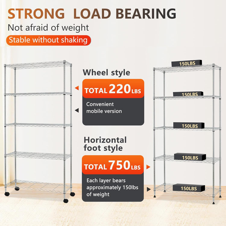 FDW Adjustable Storage Rack Wire Shelf with Wheels - 5 Tier Metal Shelves for Small Spaces - Easy Assembly, Chrome