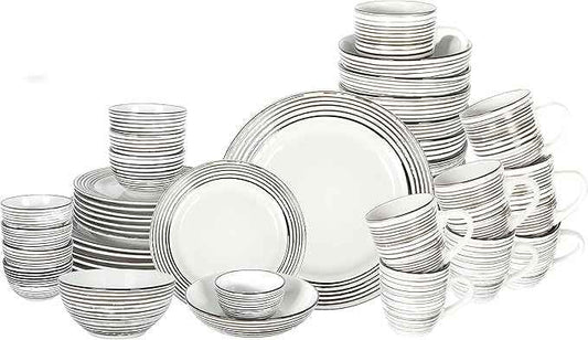 48 Piece Dinnerware Set, Ceramic Plates and Bowls Sets for 8, Microwave and Dishwasher Safe, Handcrafted Tree Bark Series Dish Set, White Birch