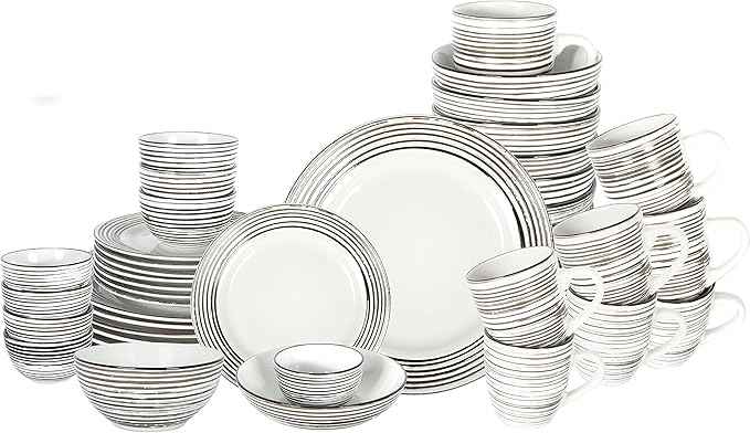 48 Piece Dinnerware Set, Ceramic Plates and Bowls Sets for 8, Microwave and Dishwasher Safe, Handcrafted Tree Bark Series Dish Set, White Birch