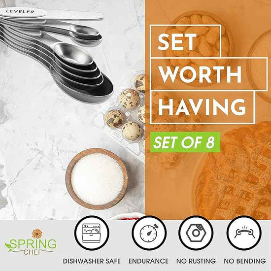 Spring Chef White Stainless Steel Magnetic Measuring Spoons Set of 8 with Leveler, Dual Sided Metal Teaspoon & Tablespoon Measuring Spoons, Fits in Spice Jars, Kitchen Gadgets for Baking & Cooking
