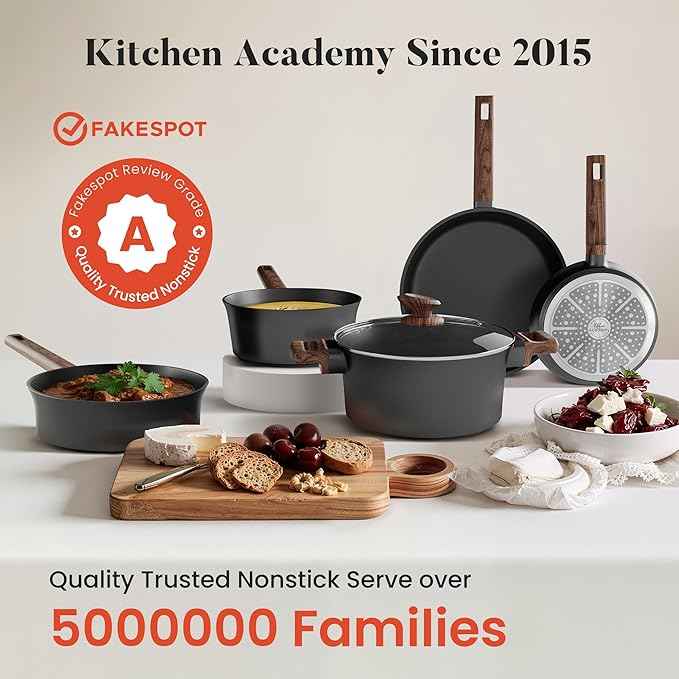Kitchen Academy Ceramic Pots and Pans Set Non Stick - 10 Pcs Induction Cookware Set Non Toxic, Healthy Nonstick Black Cooking Pans Set, PFAS/PTFE/PFOA & PFOS Free