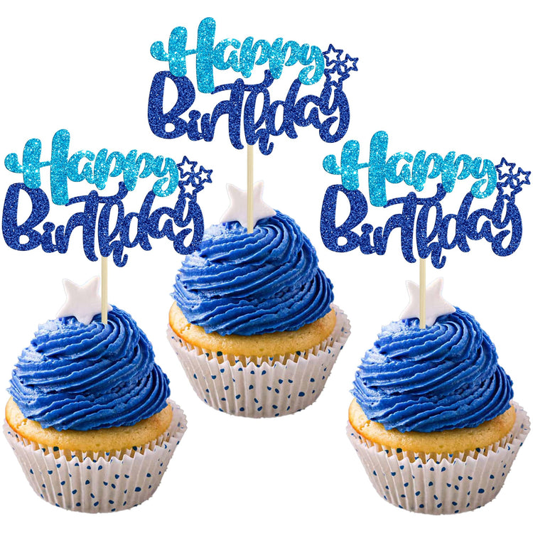 24Pcs Happy Birthday Cupcake Toppers Double Layer Glitter Happy Birthday Cake Decorations for Baby Shower Theme Kids Boys Girls Birthday Anniversary Party Decorations Supplies Blue (24 Count)