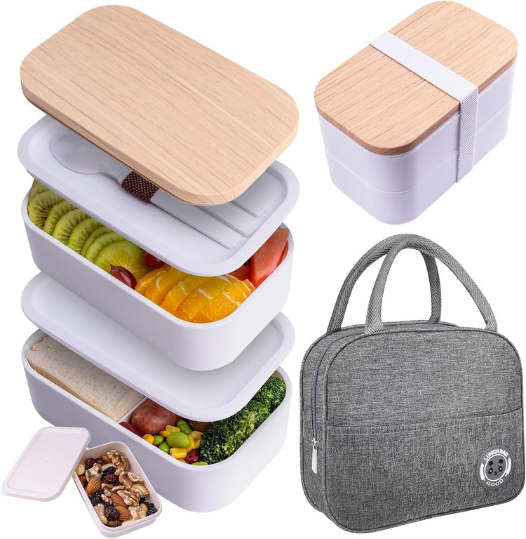 Bento Box with Lunch Bag Microwavable All-in-One Meal Prep Compartment Lunch Containers with Utensils Leak Resistant Lunch Box with Sauce Container 60oz White