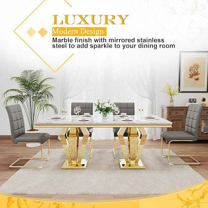 7 Piece Luxury Dining Room Set, Modern Dining Table and Upholstered Chairs Set, Marble Kitchen Table Set for 6, Big Kitchen Dinner Tables Kit with Gold Base