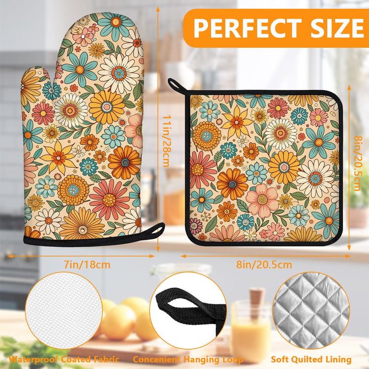 Boho Floral Oven Mitts and Colorful Flowers Pot Holders Sets 4Pcs