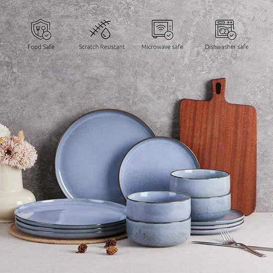 E-far Dinnerware Sets for 6, 18-Piece Plates and Bowls Set, Reactive Glaze Dishes, Stoneware Dinning Ware Set, Microwave & Dishwasher Safe - Ocean Blue