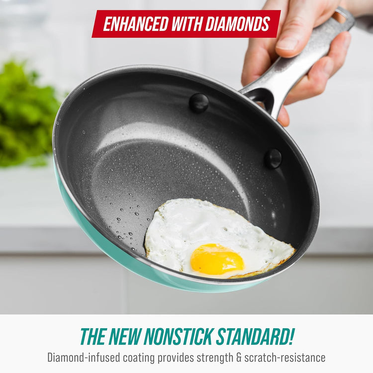 Blue Diamond 8" Nonstick Frying Pan Skillet, Diamond Infused PFAS & PTFE-Free Ceramic Pot, Dishwasher & Oven Safe, Stay Cool Handle, Durable Non Toxic Metal Utensil Safe, Egg & Omelet Pan, Turquoise