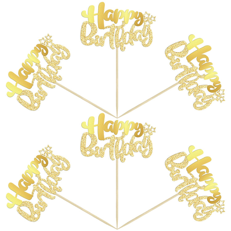 24Pcs Gold Metallic Happy Birthday Cupcake Toppers for Birthday (24 Count)