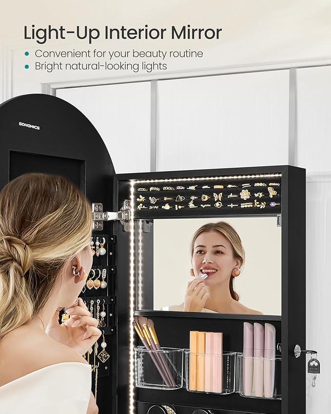 SONGMICS Wide Jewelry Organizer, LED Jewelry Cabinet Wall/Door Mounted, Arched Mirror with Storage, Lockable, Rounded Corner, Interior Mirror, 3.9 x 16.5 x 42.5 Inches, Ink Black UJJC020B01