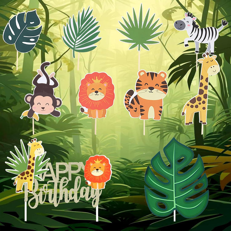 Safari Animal Cake Topper, Wild One Birthday Decorations,Safari Baby Shower Decoration,with Tropical Leaves,Cute Jungle Animals Cake Decor, for Girls Boys, Wild Theme Birthday Party Supplies