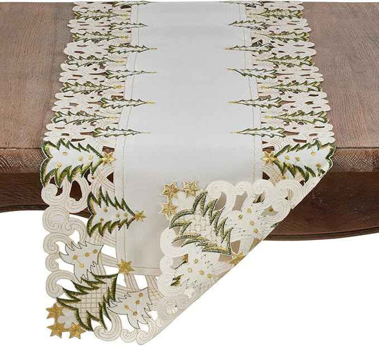 Fennco Styles Pandoro Collection Holiday Embroidered Christmas Tree Cutwork Border 16 x 90 Inch Table Runner – Ivory Table Cover for Christmas Dinner, Family Gathering, Special Events