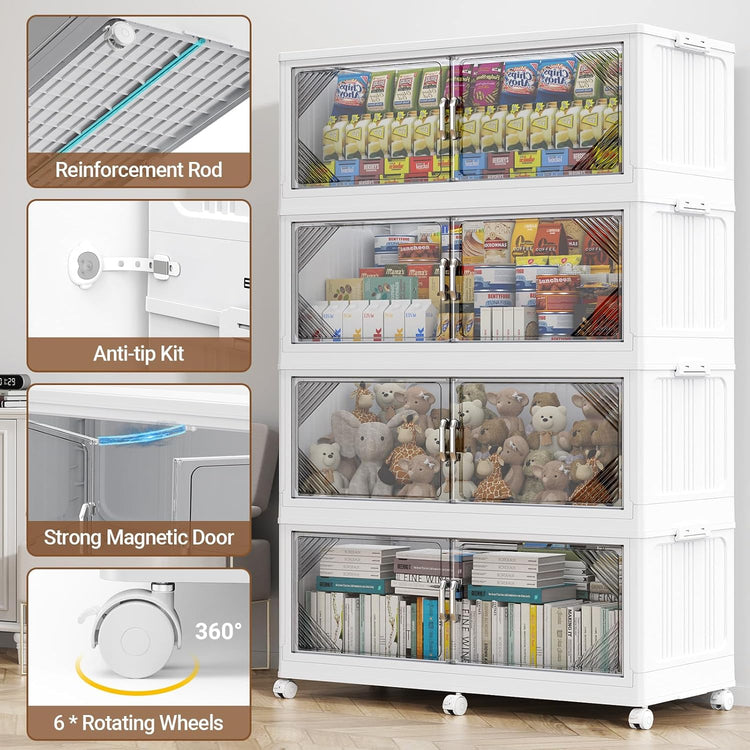 165Gal Plastic Stackable Storage Bins with Lid, 660QT Extra Large Closet Organizers Collapsible Cabinets Boxes With Drawers, Foldable Containers with 6x Wheels for Home Kitchen, V60 3Pack White
