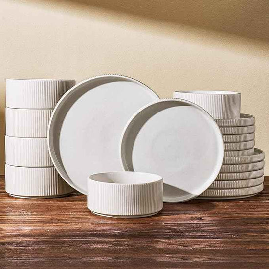 24-Piece Dinnerware Set for 8, Famiware Premium Stoneware Dish Set with Ribbed Plates and Deep Bowls, Double Reactive Glaze, Chip & Scratch Resistant, Microwave & Dishwasher Safe, Matte Reactive White