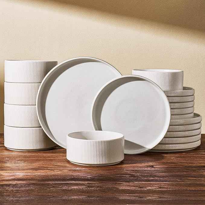 24-Piece Dinnerware Set for 8, Famiware Premium Stoneware Dish Set with Ribbed Plates and Deep Bowls, Double Reactive Glaze, Chip & Scratch Resistant, Microwave & Dishwasher Safe, Matte Reactive White