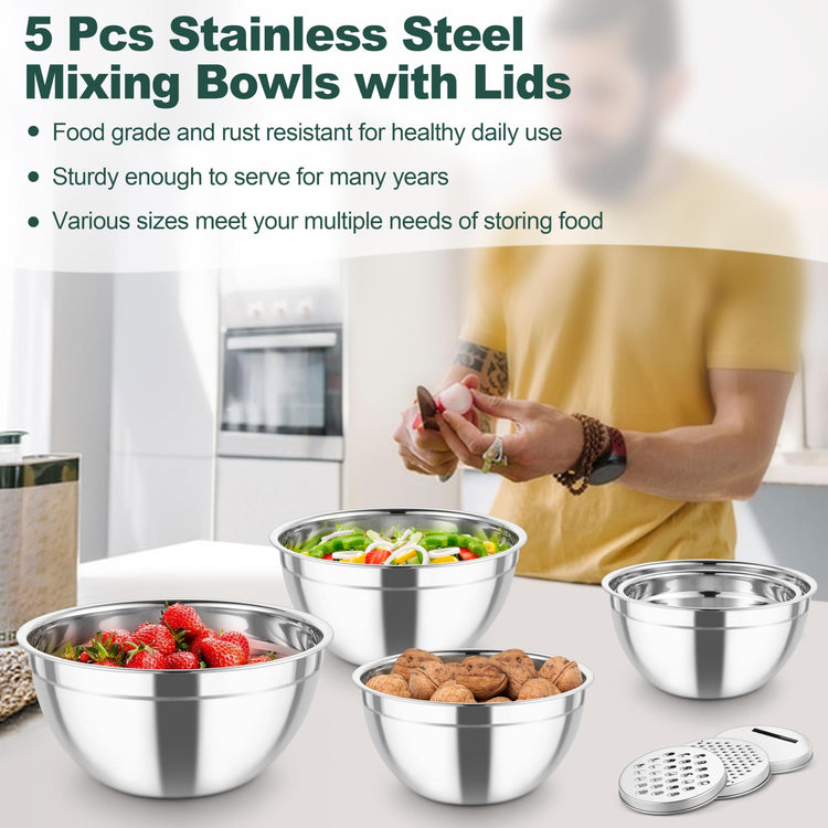 Mixing Bowls Stainless Steel Salad Serving Bowl with Clear Lids (5 Count)