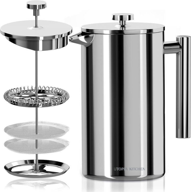 Utopia Kitchen French Press Coffee Maker, Double Wall Insulated Stainless Steel Coffee Press with 4-Level Filtration system, Includes 2 Extra Filters, Rust-Free, Dishwasher Safe (Silver, 17 Ounce)