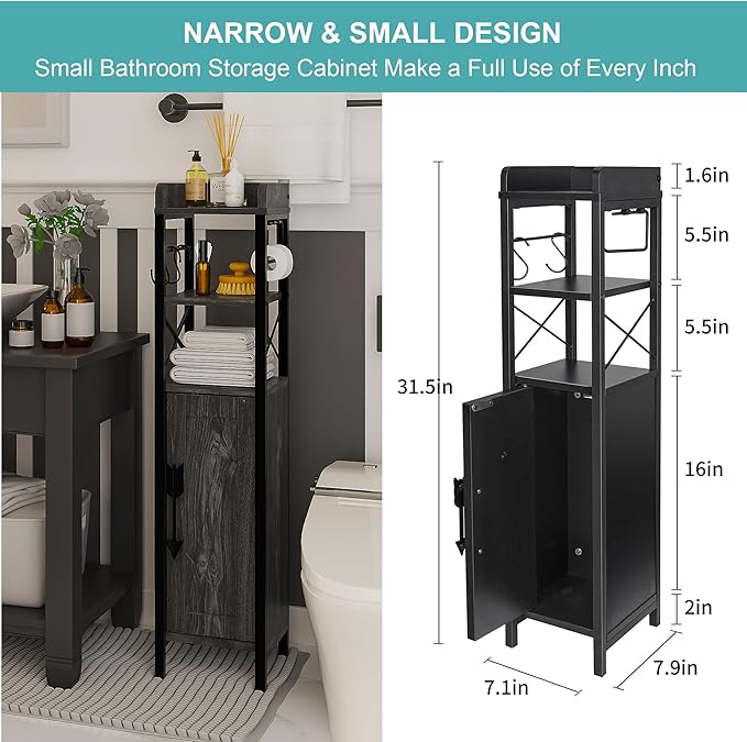 VECELO Small Bathroom Cabinet,Slim Toilet Paper Holders with Door,Metal Rack & 2 Shelves,Upgraded Narrow Storage Organizer for Restroom Bathroom Tiny Space,Fenced Top Waterproof Coating,Black