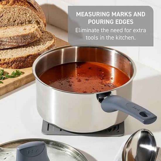 T-fal Essentials Stainless Steel Cookware Set 12 Piece, Induction Compatible, Oven Safe 350F, Cooking Set w/Stewpots, Stockpot, Saucepan, Lids & Tools, Measuring Marks, Dishwasher Safe, Silver/Blue