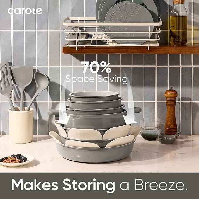 CAROTE 27pcs Ceramic Cookware Set Nonstick, Pots and Pans Set Non Stick, Non Toxic Cookware Detachable Handles, Dishwasher/Oven Safe, RV/Camping Cookware, Pan and Pot with Kitchen Utensils, Dark Gray