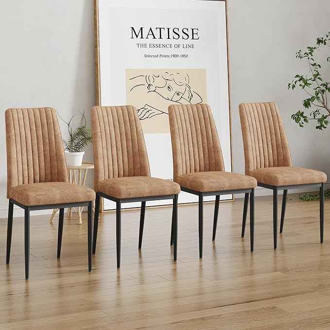 Modern Dining Chairs Set of 4 Kitchen Chairs Set Leathaire Fabric Chair with Metal Leg High Back Upholstered Chair for Dinner Room, Waiting Room(Set of 4, Brown Chair), Onesize