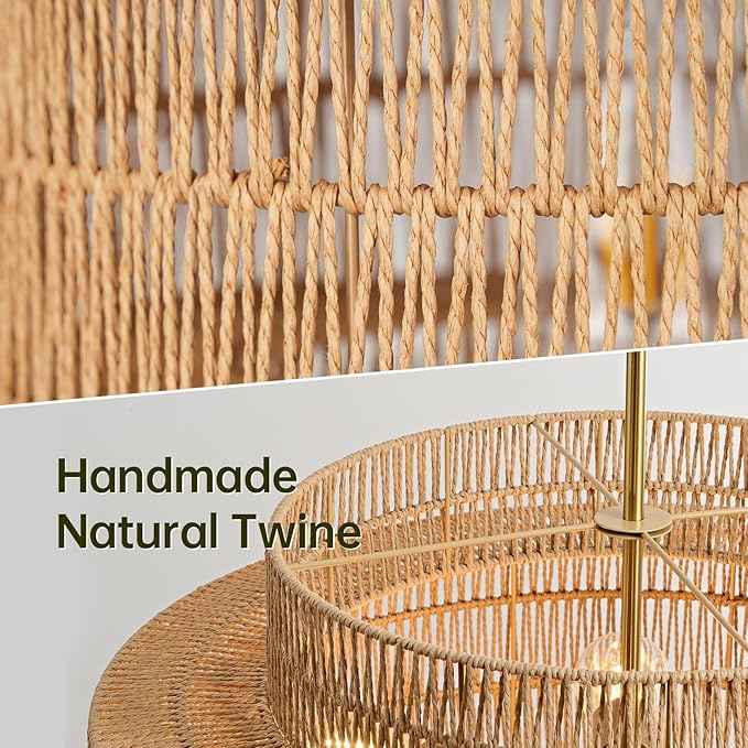 24” Boho Large Rattan Chandelier Light Fixture,6-Light Large Hand Woven Pendant Light Fixture Farmhouse Rustic Chandeliers for Kitchen Bedroom, Dining Room, Living Room, Hallway, Foyer