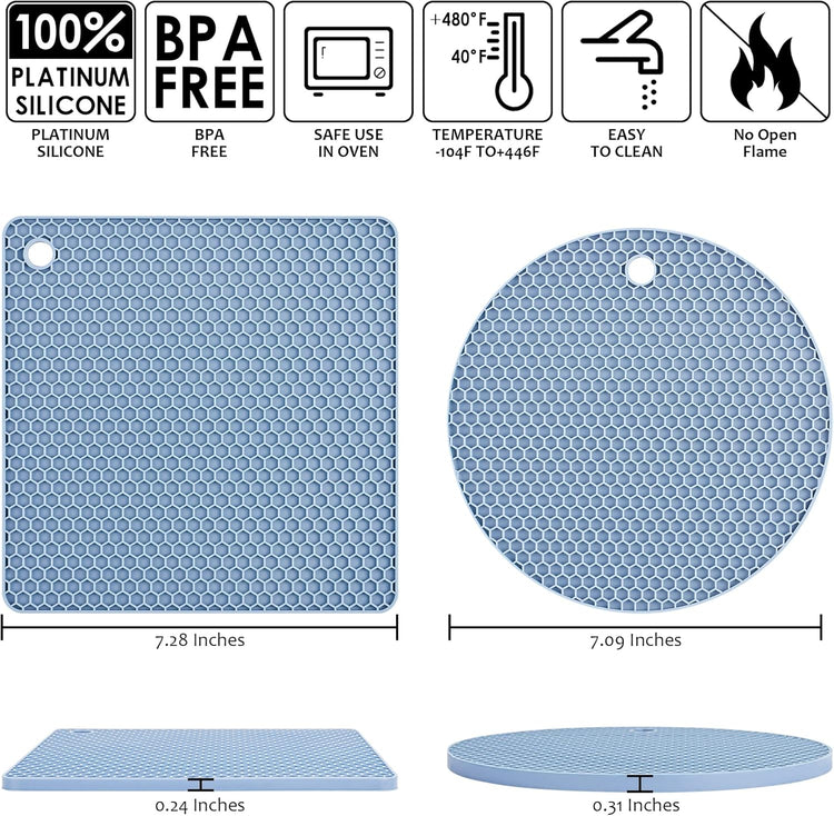 Silicone Trivets for Hot Dishes, Silicone Pot Holders for Tabletop, Trivet Mat Hot Pads for Kitchen, Trivets for Hot Pots and Pans, Heat Resistant Mats for Quartz Countertop Pad Set 4 Blue