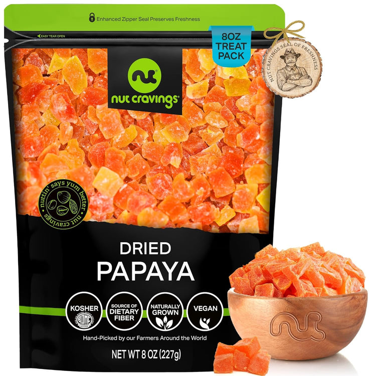 NUT CRAVINGS - Sun Dried Papaya Chunks, Lightly Sweetened (8oz, 1 Pack) Bulk Dry Fruits Packed Fresh in Resealable Bag - Sweet Healthy Snack, Naturally Grown, Vegan, Kosher