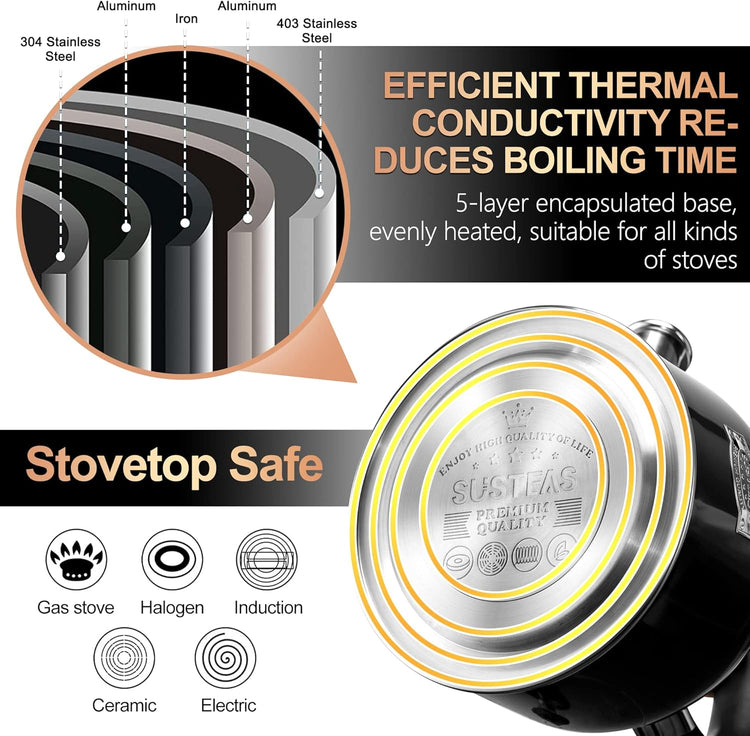 SUSTEAS Tea Kettle - 3.17QT Whistling Kettle with Ergonomic Handle - Premium Stainless Steel Tea Pots for Stove Top, Chic Vintage Teapot with Composite Base, Work for All Stovetops (Black)